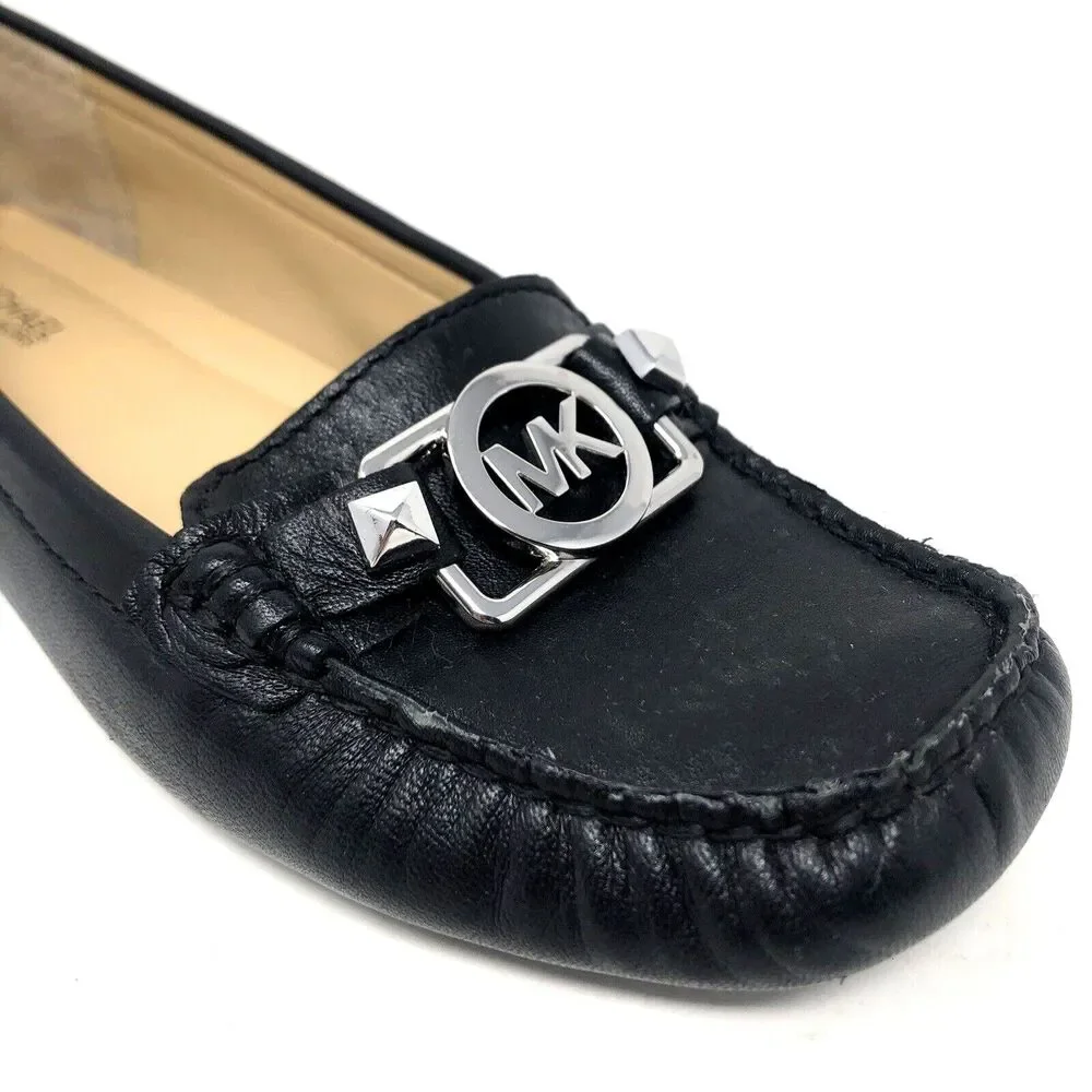 Michael Kors Lillian Loafer Womens Size 6 Black Leather Signature Silver MK Moc